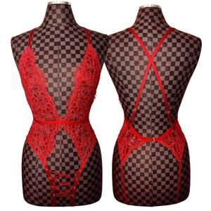 Victoria's Secret Red Lace Teddy Lingerie Size Medium Crotchless Sheer Coquette